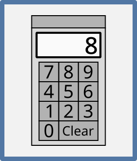 Picture of a single pim. It has a wide slot at its top, which has the number 8 in it. Below it are buttons labeled with the numbers 0 through 9 in an arrangement typical of the numeric keypad on a keyboard. A button labeled "Clear" at its bottom-right corner.