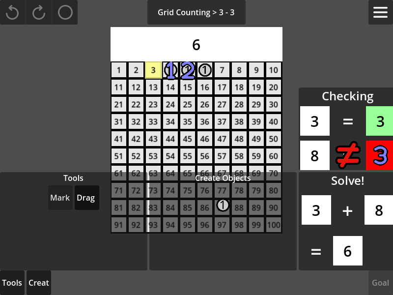 Super Practica 0.7.1 screenshot: Grid counting level 3.3, showing a failing verification of the answer 6 for the problem of 3 + 8.