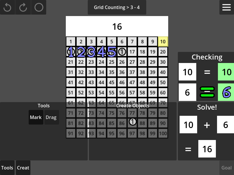 Super Practica 0.7.1 screenshot: Grid counting level 3.4, showing a verification of the answer 16 for the problem of 10 + 6 being completed. The count of 6 units on the grid is seen to be identical with the required number 6 in the problem.