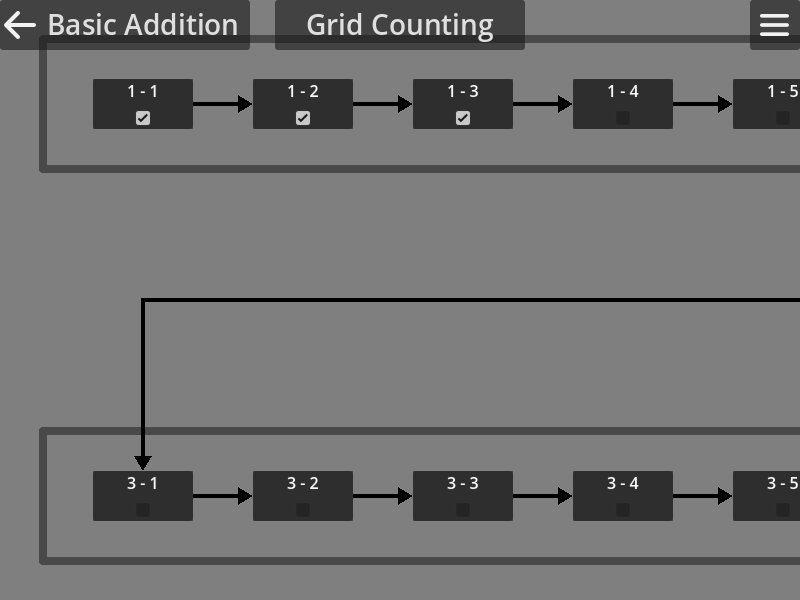 Super Practica 0.7.1 screenshot: Grid counting level-select screen, with the first 3 levels completed.