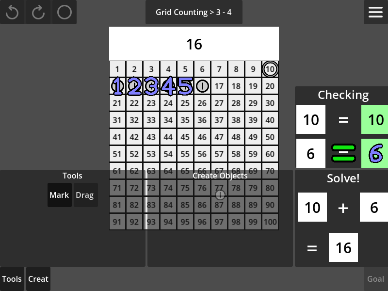 Super Practica 0.7.2 screenshot: Grid counting level 3.4, showing a verification of the answer 16 for the problem of 10 + 6 being completed. The count of 6 units on the grid is seen to be identical with the required number 6 in the problem.