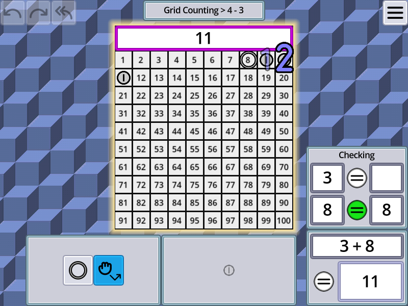 Super Practica 0.8.0 screenshot: Grid counting level 4 - 3, in progress of checking the correct answer.