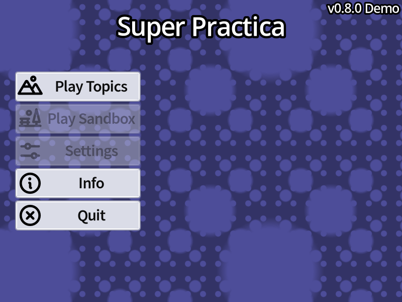Super Practica v0.8.0 screenshot: Title and main menu screen.